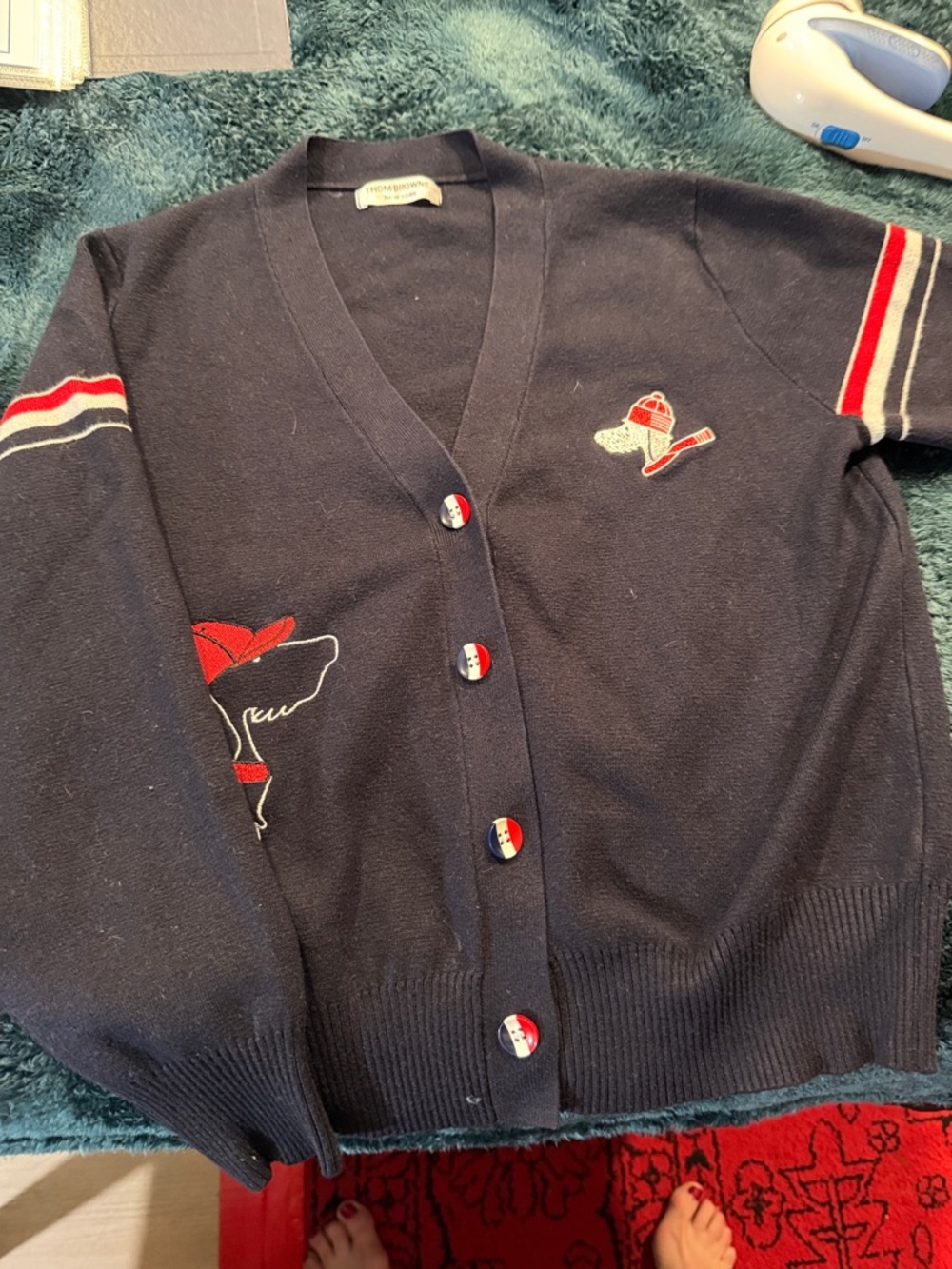 Thom Browne Navy Cardigan with Red & White Accents